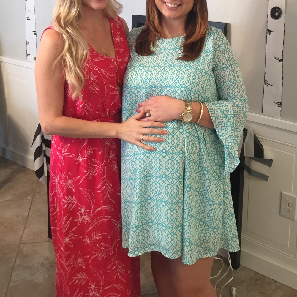 Pink Blush Teal and White Bell Sleeve Dress